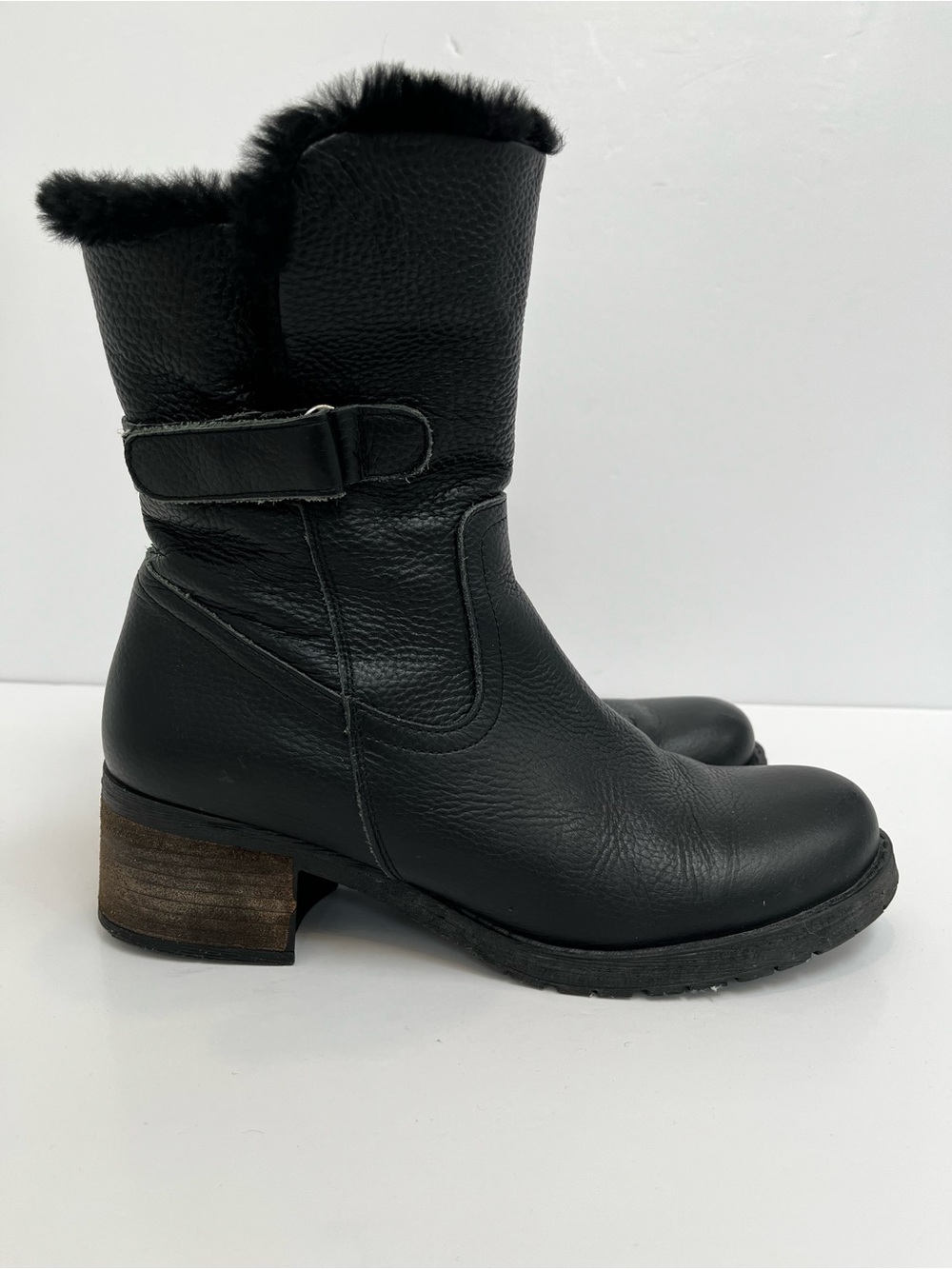 Yokono Spain Black Leather Faux Fur Lined Heeled Ankle Boots EU 40 US 9-9.5